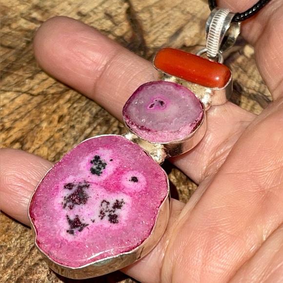 Drusy Solar Quartz & Red Coral Pendant 3” - Picture 4 of 12